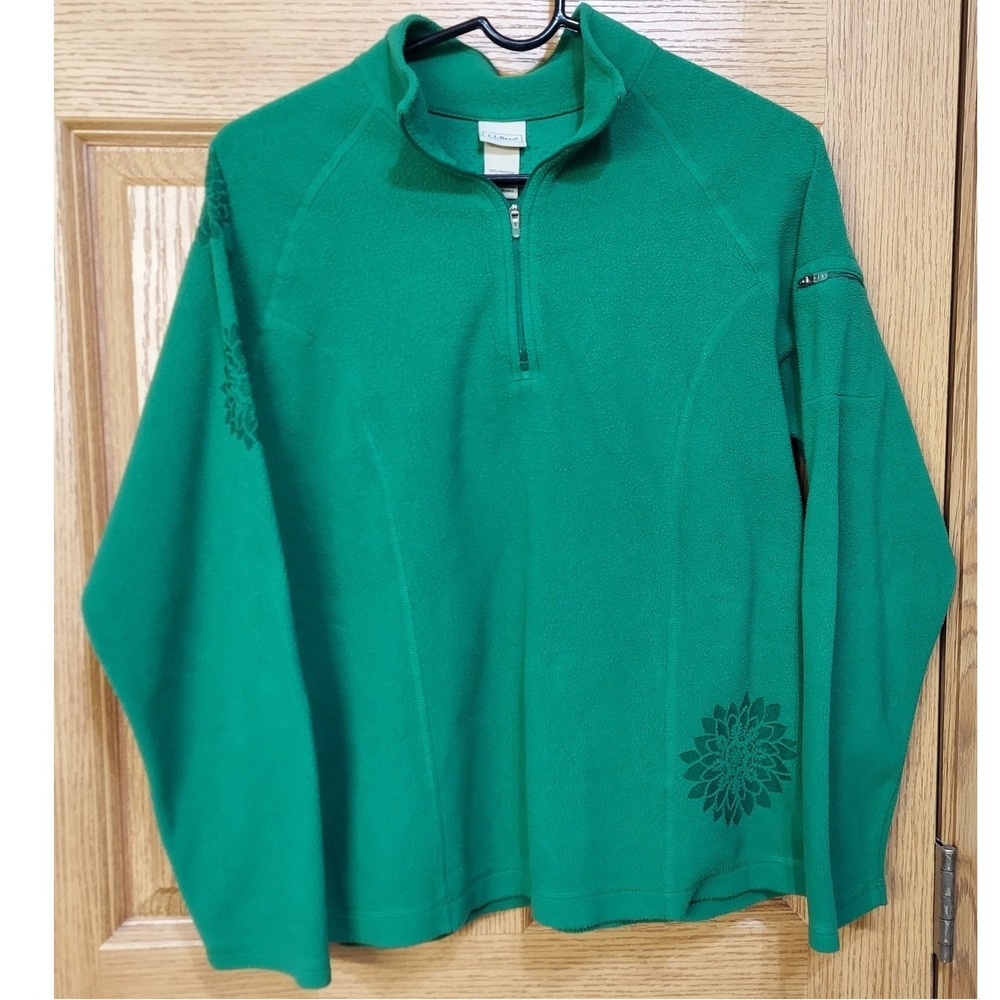 LL Bean Womens Large Green Floral Quarter Zip Fleece Pullover Jacket